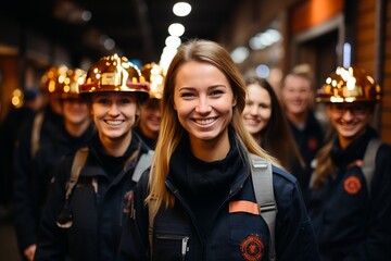 Portrait of a beautiful smiling firefighter girl with her team in the background - obrazy, fototapety, plakaty