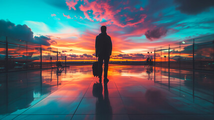Fototapeta premium person stands at an airport during a colorful sunset, reflecting on the shiny floor, looking at the horizon