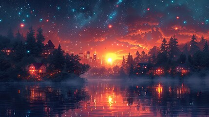 sunset, city, sky, stars, cozy, atmosphere, illustration for a podcast