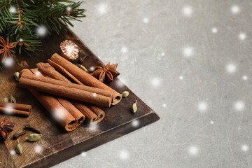 Different spices and fir tree branches on grey table, space for text. Cinnamon, anise, cardamom,...