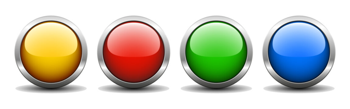 Yellow, red, green, blue round glossy shiny 3D button with silver border frame. Geometric shape circle electric buttons for web use, website design, offer click Press button icon, Digital icon