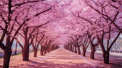 Fototapeta premium The cobblestone street is covered with pink sakura petals, cherry blossoms