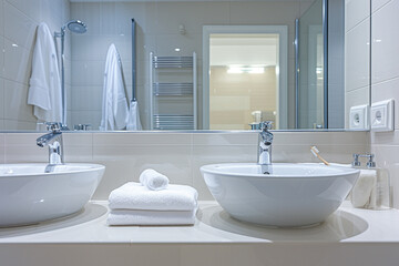 minimalist hotel bathroom with sparkling fixtures, conveying the sense of freshness and cleanliness after meticulous housekeeping in a minimalistic style
