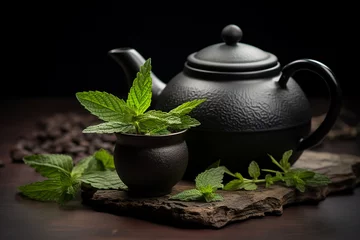 Foto op Aluminium Black iron asian teapot with sprigs of mint for tea © Art Coloring