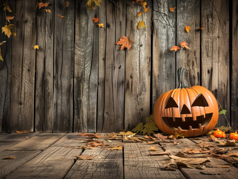 Wooden background with halloween decorations, pumpkin heads for halloween celebration