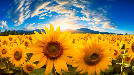 Fototapeta premium Sunflower Field in Summer, Vibrant Nature and Agriculture, Green and Yellow Landscape, Blooming Flowers and Blue Sky, Farming and Sunny Day, Beautiful and Bright Outdoor