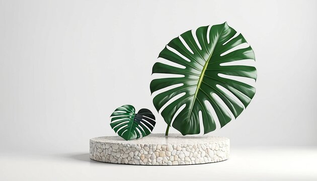 Monstera Leaf on Stone Podium: A 3D Rendering Illustration