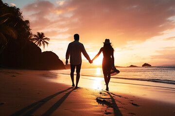 Couple holding hands, walking on a beach at sunset with silhouettes against a vibrant sky.Romantic vacation in paradise