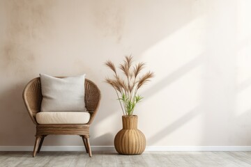 Elegant chair and woven vase with dried grasses - obrazy, fototapety, plakaty