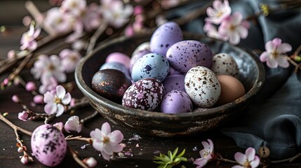 Obraz premium Fascinating composition of easter eggs in plate with hard use of teal color tones. Cleat easter plate. Easter celebration. Cold blue colors of easter.