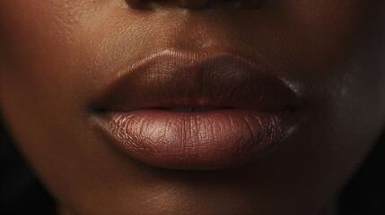 Close-up detailed plump beautiful lips of black young woman with lipstick or gloss. - obrazy, fototapety, plakaty