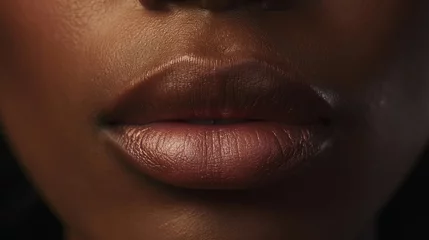 Fotobehang Close-up detailed plump beautiful lips of black young woman with lipstick or gloss. © ShniDesign