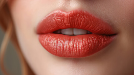 Close-up detailed plump beautiful lips of white young woman with lipstick or gloss. - obrazy, fototapety, plakaty