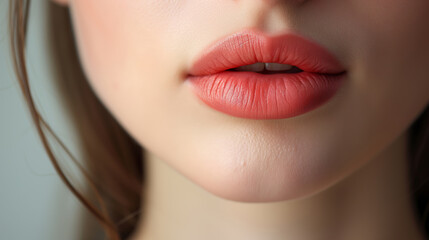 Close-up detailed plump beautiful lips of white young woman. - obrazy, fototapety, plakaty