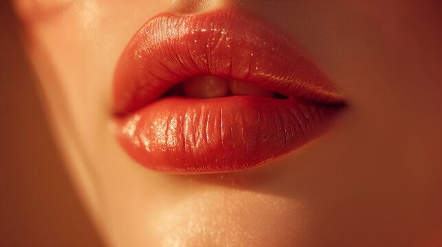 Close-up detailed plump beautiful lips of white young woman with lipstick or gloss.