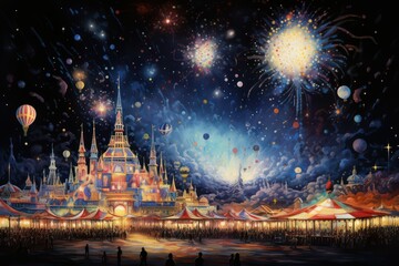 Amusement park with fairground rides. Circus in the night with magic light.