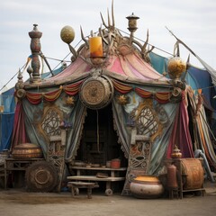 Fototapeta premium camping-core a lavish tent decorated, medieval era illustration