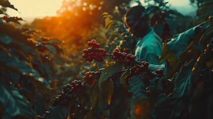 From rural to international standards:Illustration of Kenyan farmers harvesting Arabica coffee beans from an organic farm. - obrazy, fototapety, plakaty
