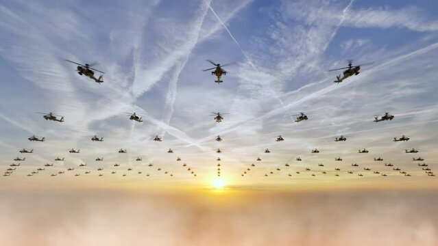 Unbranded military helicopters flying in formation across a sky full of contrails and vapor trails at sunset.