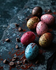 Obraz premium Clean and artistic composition of easter eggs on the flat and textile surface. Colors of easter concept.