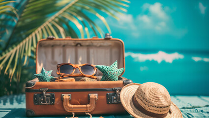 Old vintage suitcase on a beach with the sea in the background, evoking a sense of wanderlust