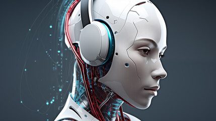 robot woman listens to music in headphones