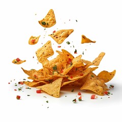 Flying nachos on white background