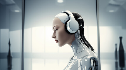 robot woman listens to music in headphones, white background