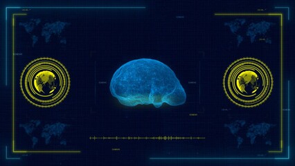 Artificial Intelligence in a Digital World: Abstract Brain Map with Global Business and Cyberpunk Technology UI Elements - Powered by Adobe