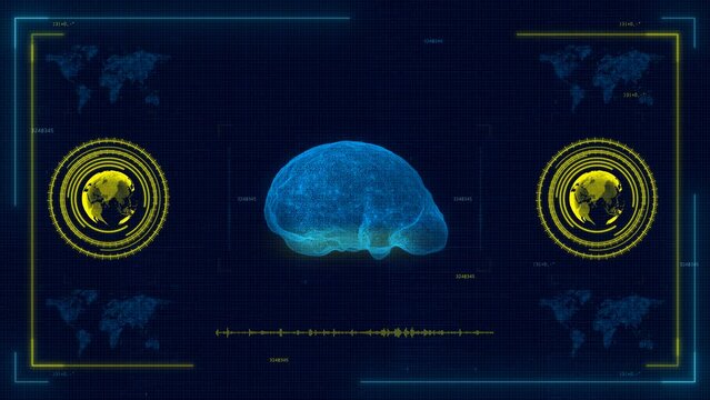 Artificial Intelligence in a Digital World: Abstract Brain Map with Global Business and Cyberpunk Technology UI Elements