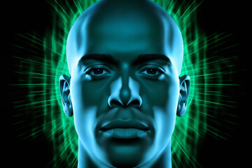 portrait of a man with holography pattern on his face and lights on a dark background, cybernetics, science fiction concept and cyber art