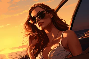 Portrait of a beautiful fashionable woman with a hairstyle and sunglasses, on a yacht, at sunset, blue sky background. Illustration, poster in style of the 1960s © soleg