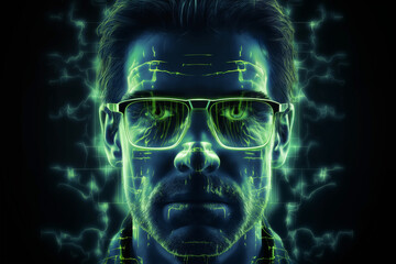 portrait of a man with green holography around his face on a dark background, looks like a hacker, particles of light, cybernetics, science fiction concept and cyber art