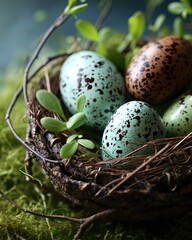 Naklejka na ściany i meble Very good looking easter eggs decorated in the natural way lying in the nest made of branches in the grass. Eastern celebration.