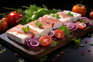 Fototapeta na wymiar raw fish on a board with vegetables herbs and spices