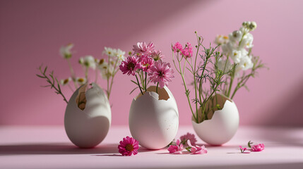 Beautiful natural flowers blooming from cracked eggs shelter. Life birth and start of something new concept. Eastern celebration.