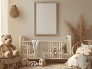 Fototapeta na wymiar Cozy Nursery Mockup Frame, Empty Space,Blank Baby Room Mockup, Tender Nursery