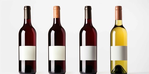 four wine bottles with blank labels white background
