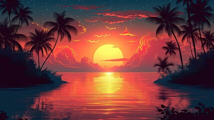Fototapeta na wymiar sunset on the beach, summer background Vector silhouette generative AI