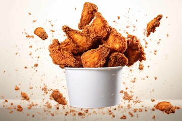 Fried chicken flying on paper bucket white background