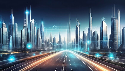 Fototapeta na wymiar Futuristic technology city background banner with modern high-rise buildings blue sky 