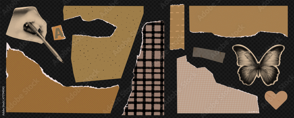 Poster a set of trendy elements for collage. vector torn retro brown texture paper. scotch tape and halfton