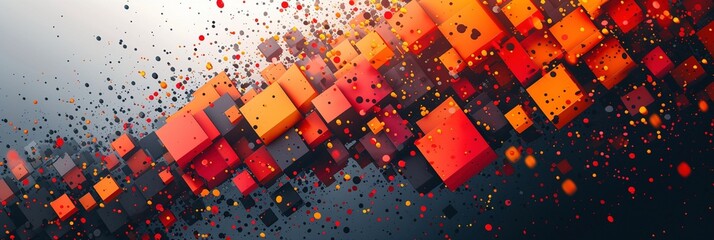 Obraz premium Experience the energy of red and yellow exploding pixels in a captivating vector composition, ideal for a sleek and stylish simple shapes web banner or poster