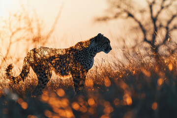 Creative photo of cheetah with double exposure of African savanna in silhouette, safari adventure...