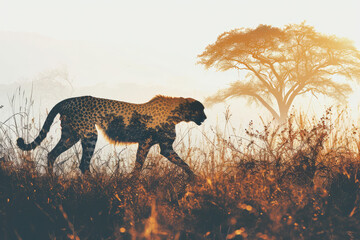 Creative photo of cheetah with double exposure of African savanna in silhouette, safari adventure concept.