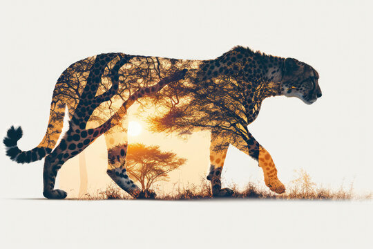Creative photo of cheetah with double exposure of African savanna in silhouette, safari adventure concept.