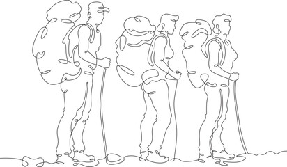 Fototapeta na wymiar A group of tourists hiking. Travelers with big backpacks. Summer walking in nature. One continuous line drawing. Linear. Hand drawn, white background. One line
