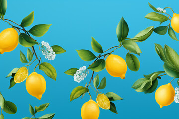 a bunch of lemons on a blue background, in the style of leaf patterns, high detailed, high resolution