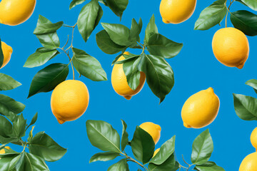 a bunch of lemons on a blue background, in the style of leaf patterns, high detailed, high resolution
