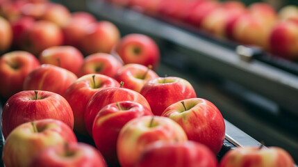Red apples on the production line or conveyor belt are screened for quality before being put into packaging